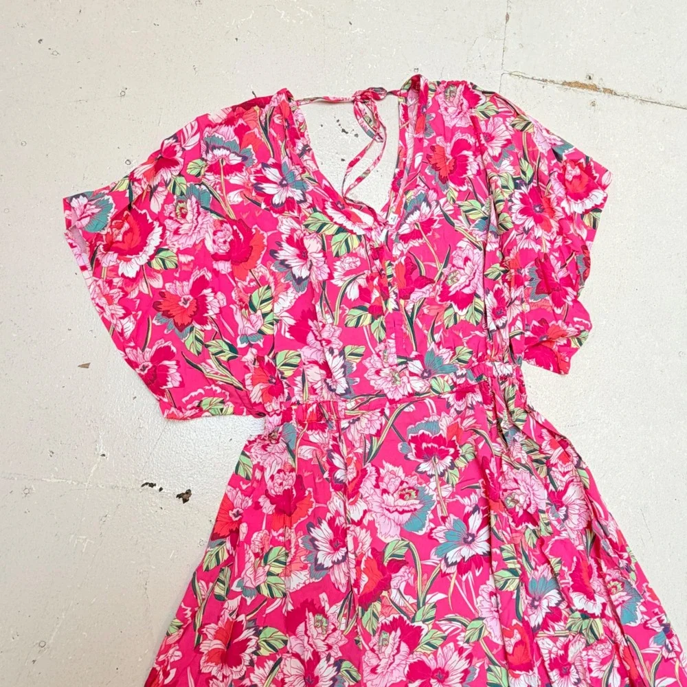 Gap Womens Medium Maxi Dress Pink Tropical Floral Kimono Style Sleeves Cottage
